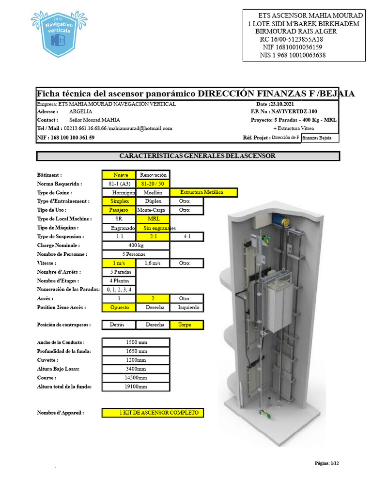 Ascensor panorámico MRL 400 kg Mahia Mourad | PDF | Ascensor