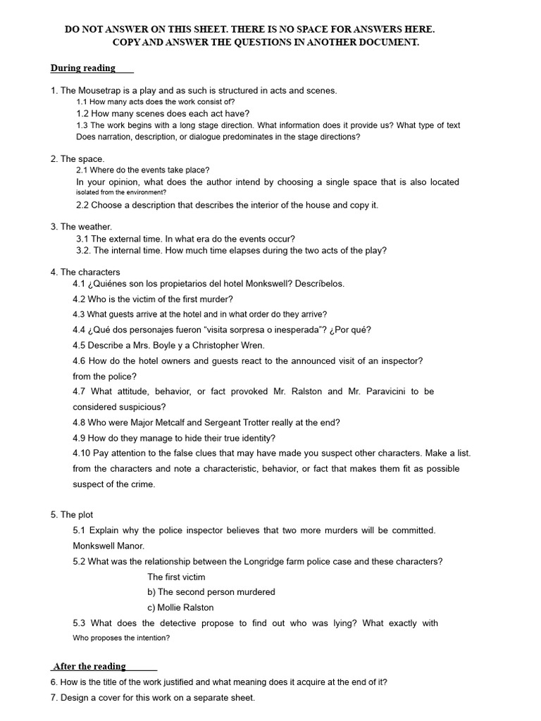 Worksheet On Reading The Mousetrap Pdf Pdf
