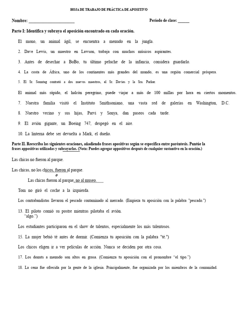 Práctica de Apositivos en Oraciones | PDF