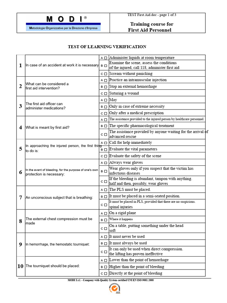 FIRST AID Test | PDF | Cardiopulmonary Resuscitation | First Aid