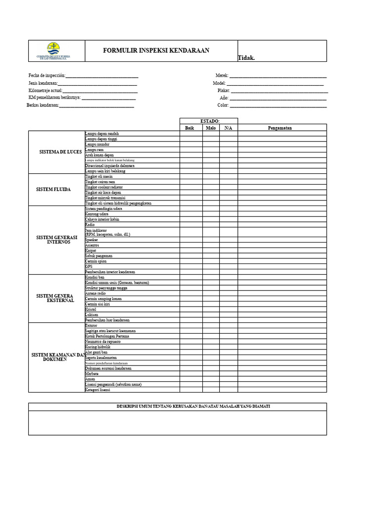 Formulir Inspeksi Kendaraan Lengkap | PDF