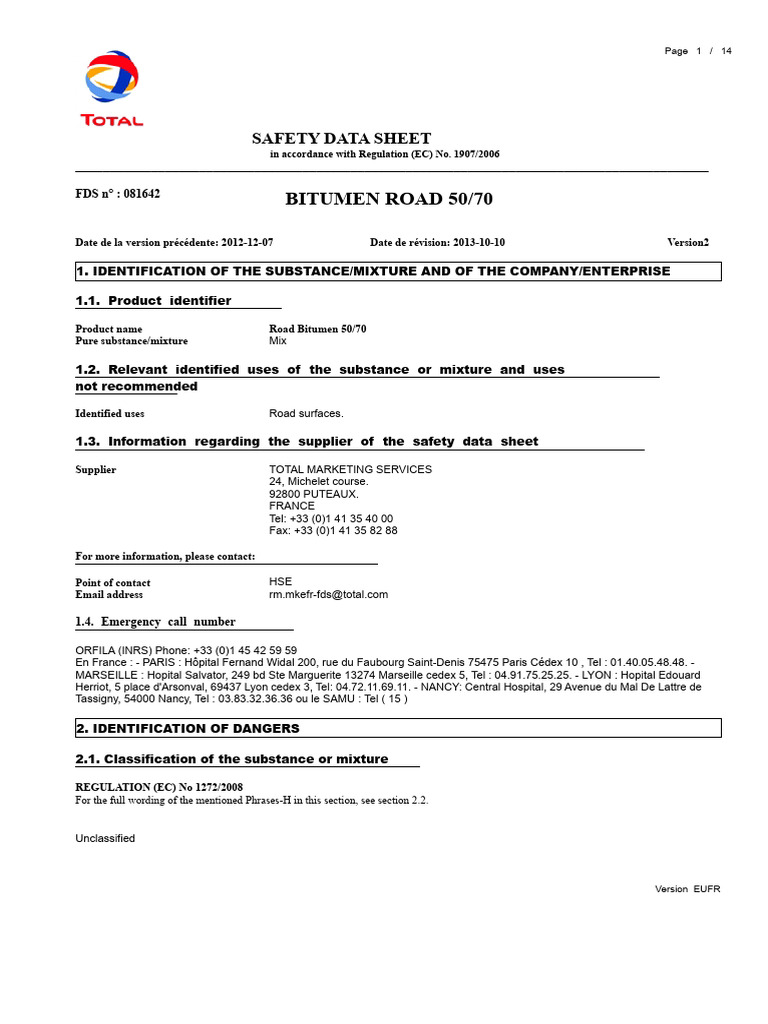 Safety Data Sheet for Road Bitumen 50/70 | PDF | Toxicity | Water
