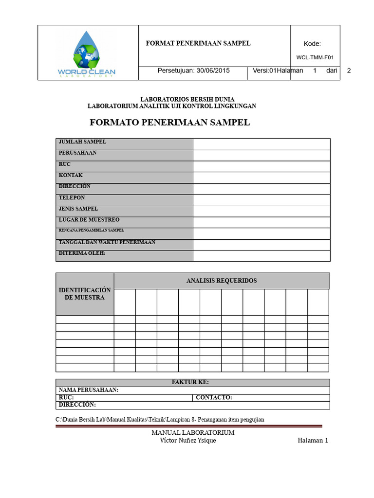 WCL-TMM-F01 Format Untuk Penerimaan Sampel | PDF
