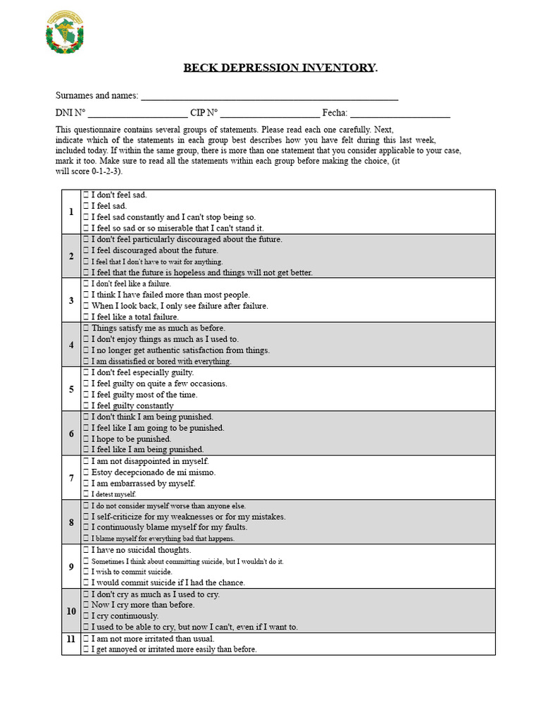 BECK DEPRESSION INVENTORY.docx | PDF | Depression (Mood) | Emotions