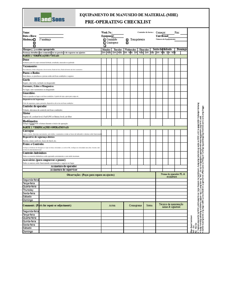 Checklist de Inspeção para MHE | PDF | Tecnologia de veículos | Veículos