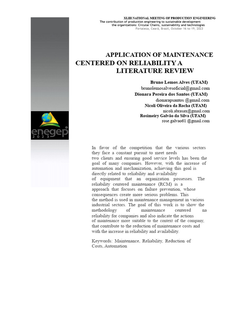 Application of Reliability-Centered Maintenance - A Literature Review ...