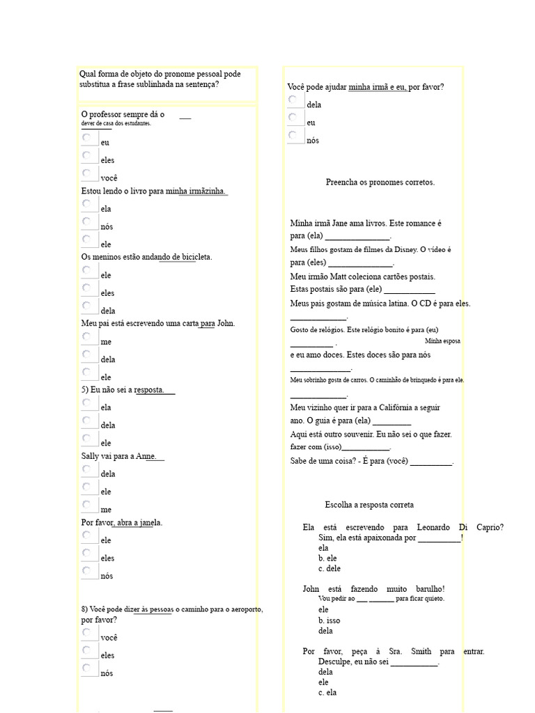 Exercício de Pronomes Objetivos | PDF | Pronome
