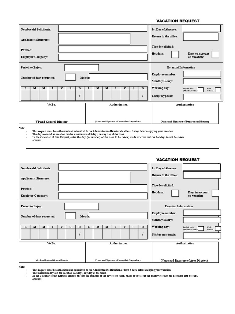 Vacation Request Form Template | PDF | Labor Relations | Employee Relations