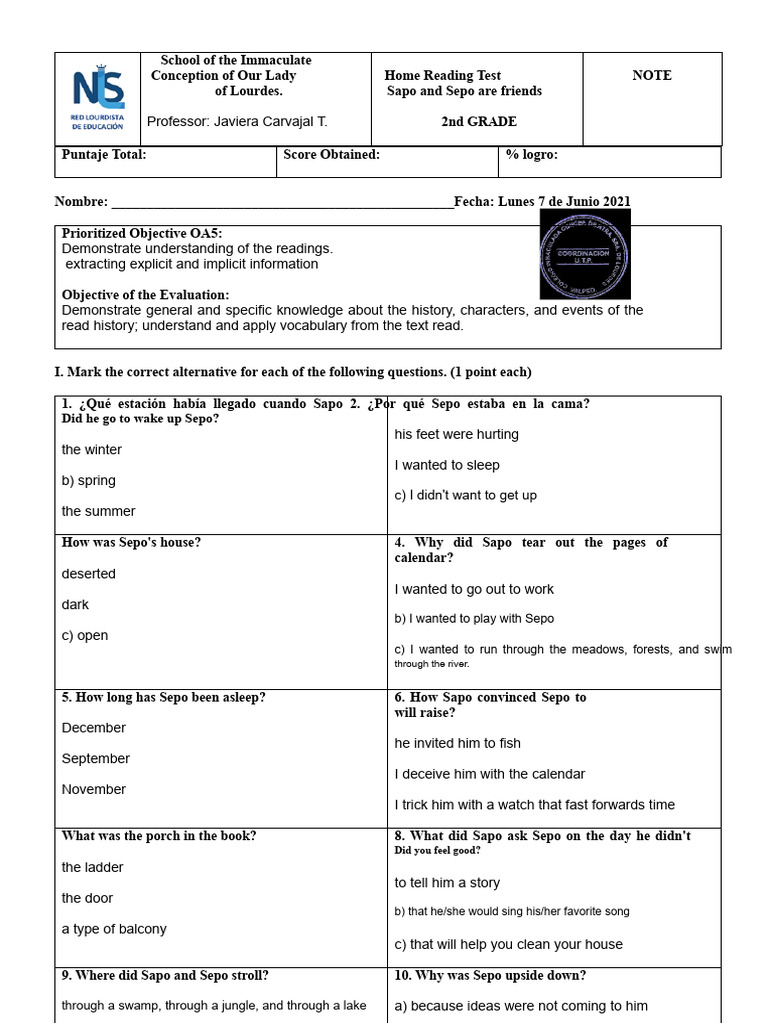 2nd Grade Reading Test: Sapo and Sepo | PDF