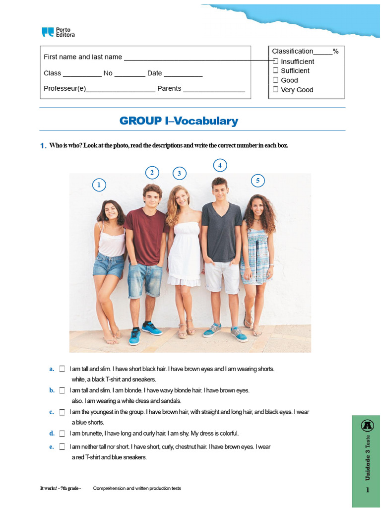 French Test 7th Grade | PDF | Linguistics | Human Appearance