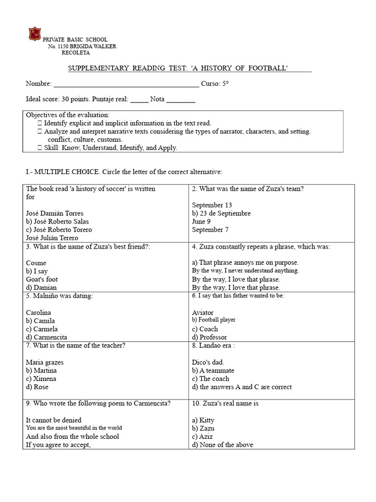 Test A Football Story | PDF | Multiple Choice