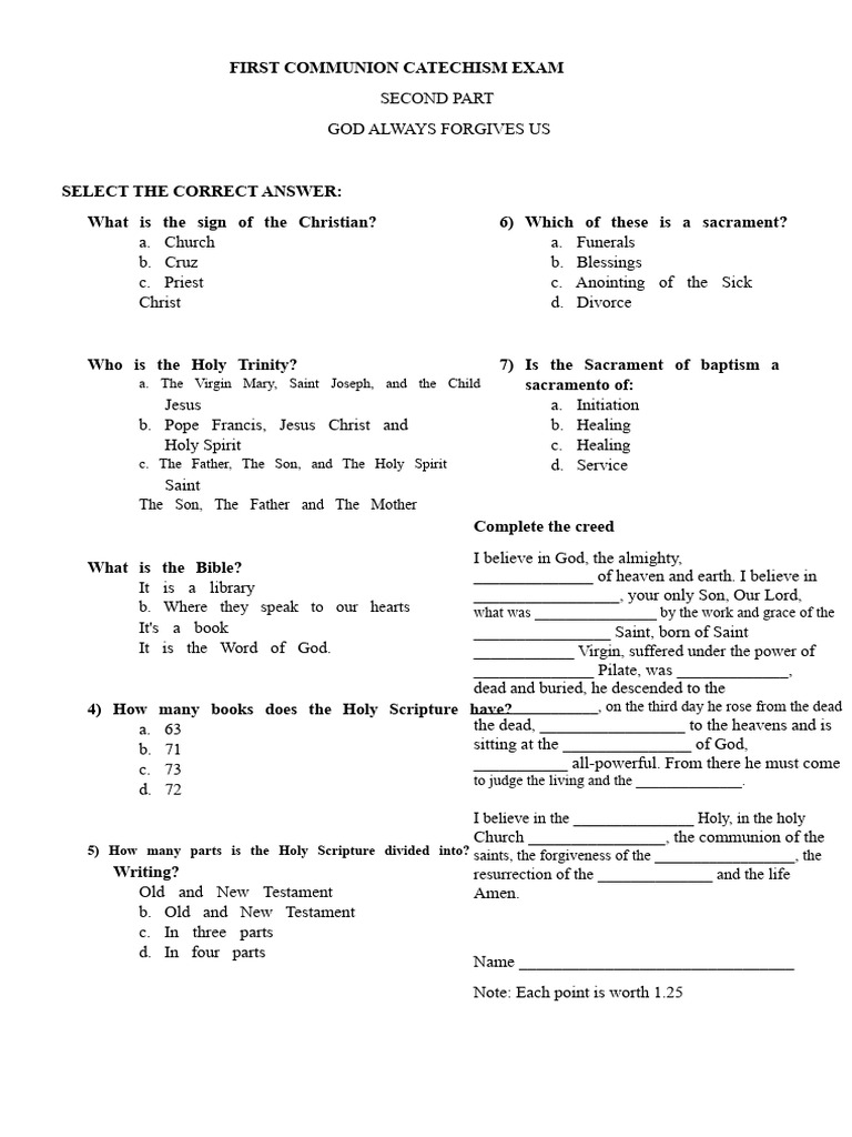 First Communion Catechesis Exam First Exam | PDF | Sacraments | Eucharist