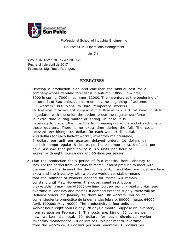 Operations Management Exercises 2017 | PDF | Business | Economies