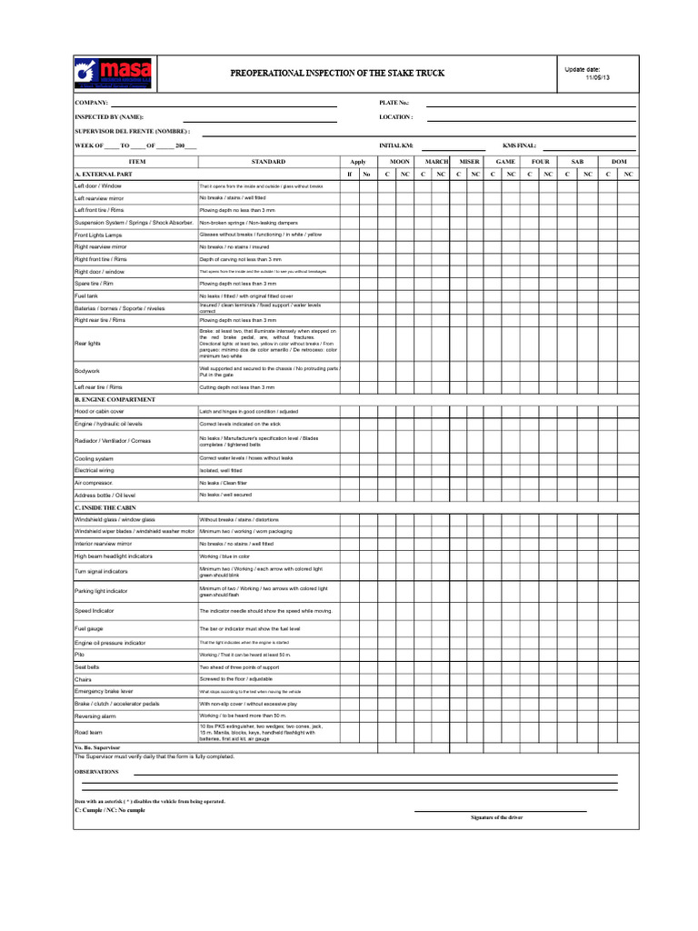 Preoperational Inspection Checklist for Stake Truck | PDF | Car Body ...
