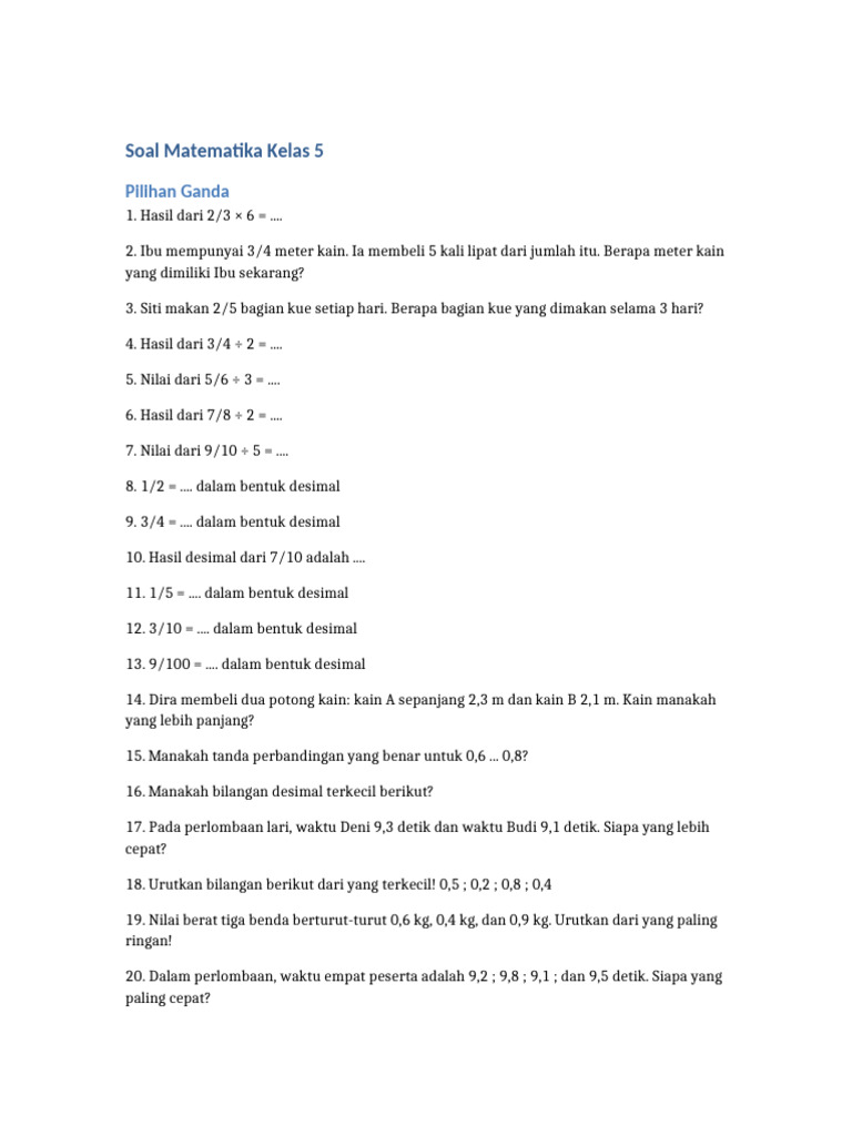 Soal Matematika Kelas 5: Pecahan dan Desimal | PDF