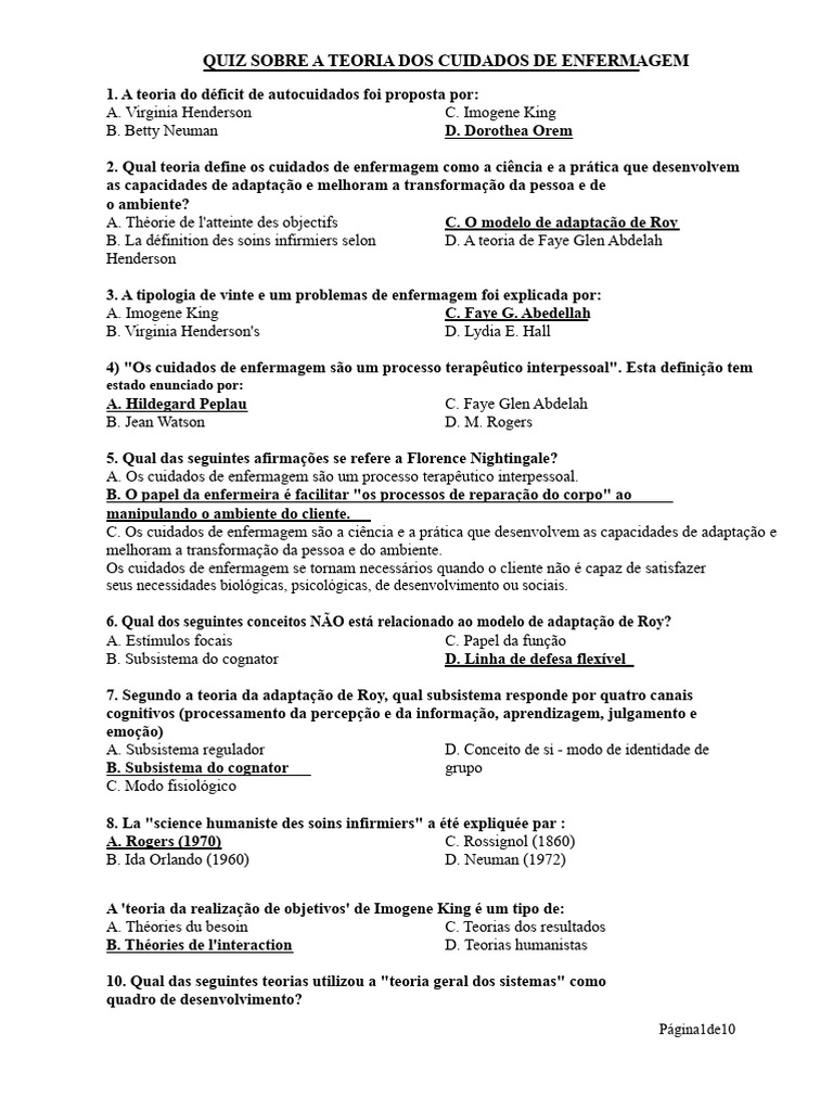Questionário Sobre A Teoria Dos Cuidados de Enfermagem | PDF ...