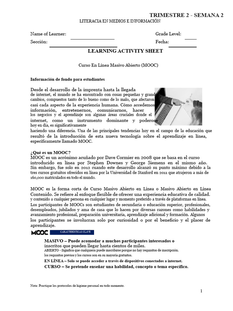 Learning Activity Sheet: Trimestre 2 - Semana 2 | PDF | Curso abierto ...