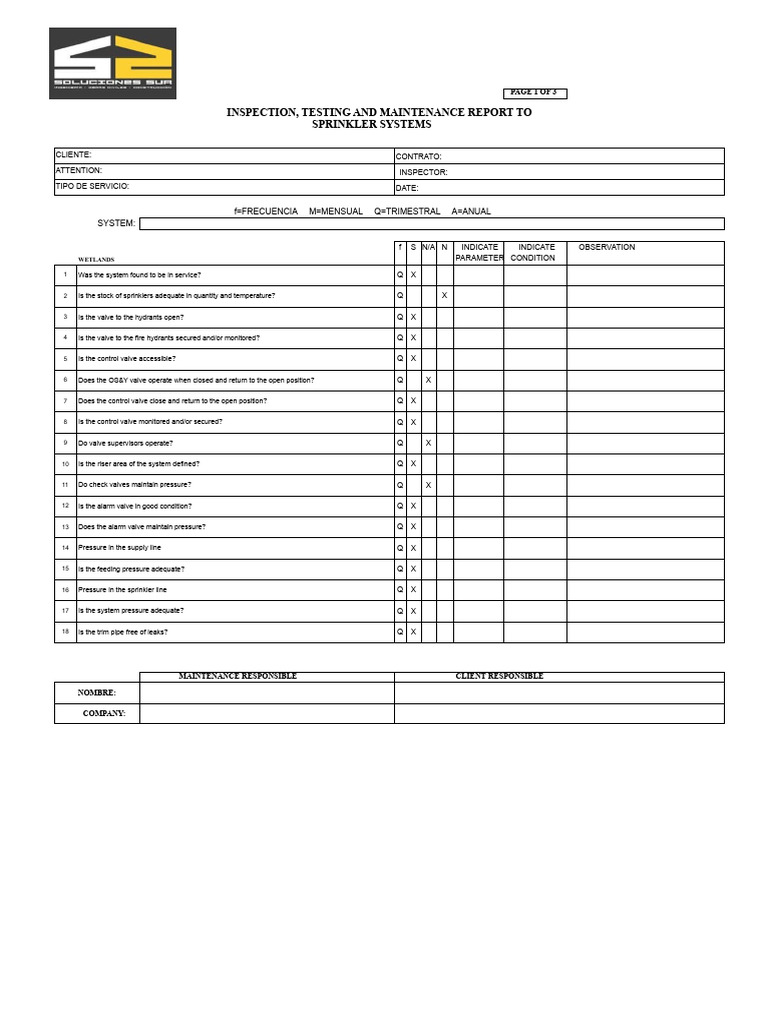 Sprinkler System Inspection Report | PDF | Fire Sprinkler System | Valve