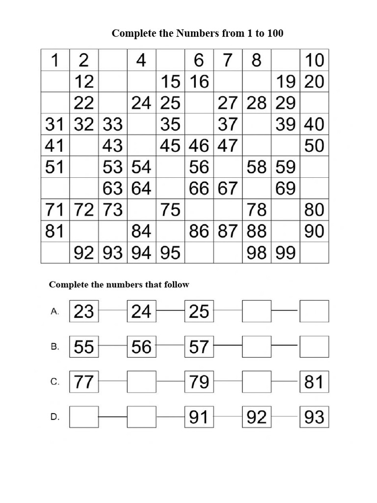 Complete The Numbers From 1 To 100 | PDF