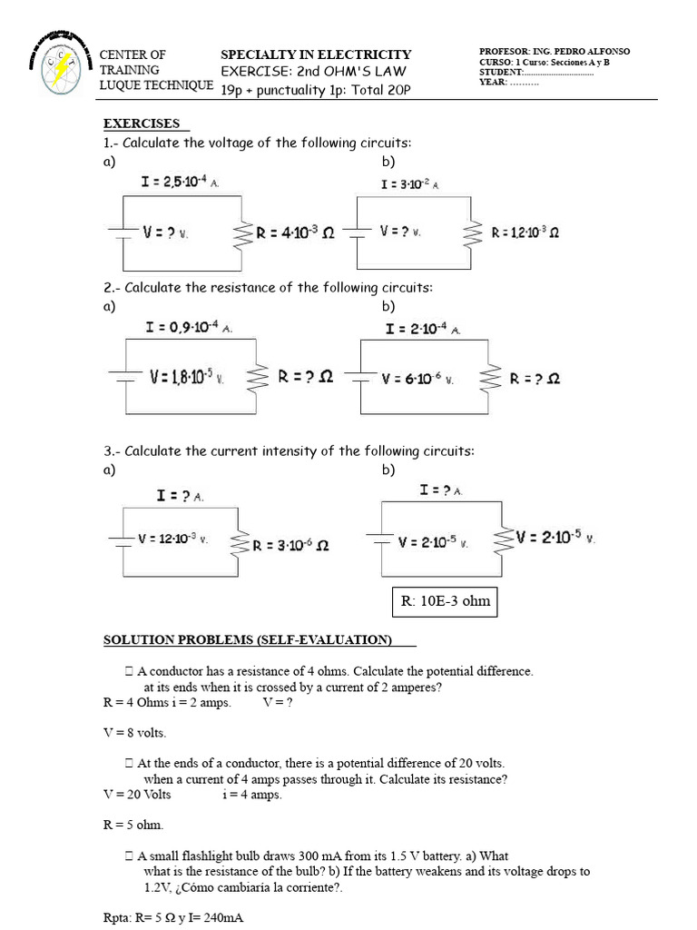 Ohm's Law Exercises and Solutions | PDF | Voltage | Electric Current