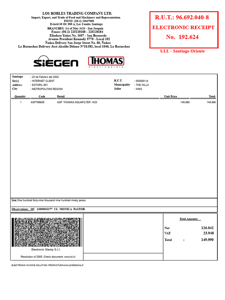 R.U.T.: 96.692.040-8 No. 192.624: Electronic Receipt | PDF | Receipt ...
