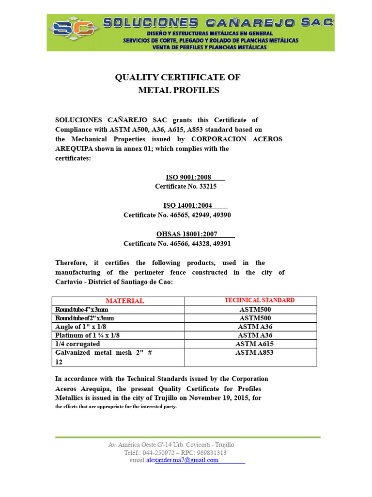 Material Certificate | PDF