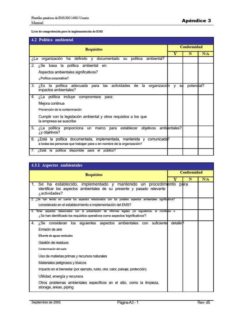 Plantillas de Lista de Verificación para Auditoría ISO 14001 | PDF ...