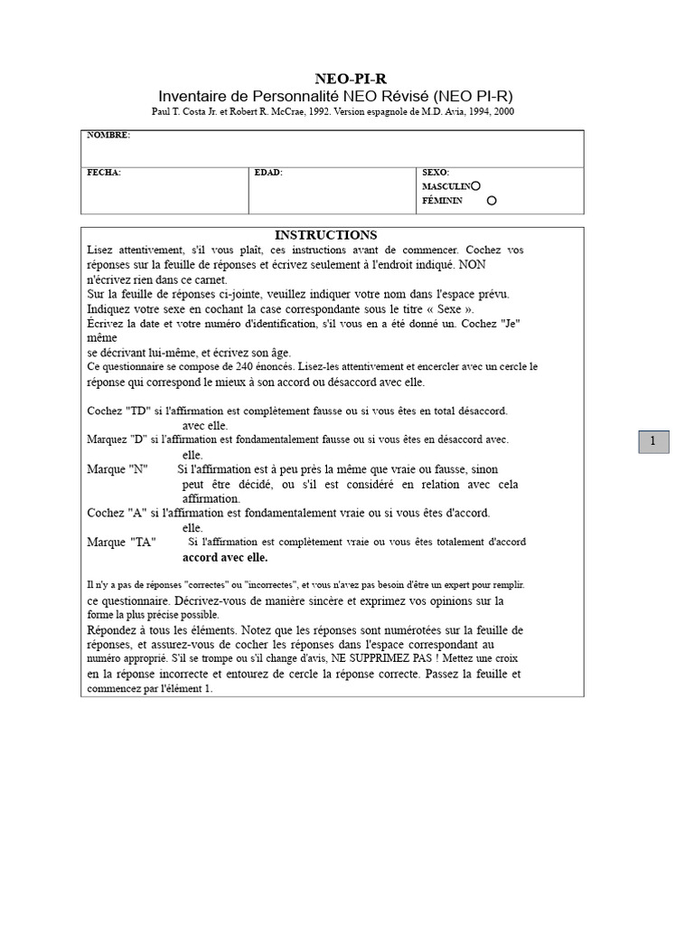 Questionnaire NEO-PI-R de personnalité | PDF | Émotions | Concept de ...