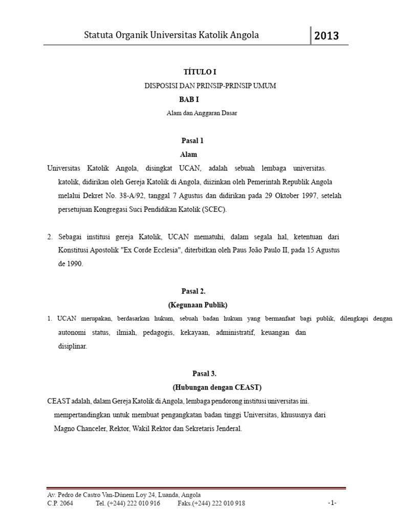 Statuta Universitas Katolik Angola 2013 | PDF