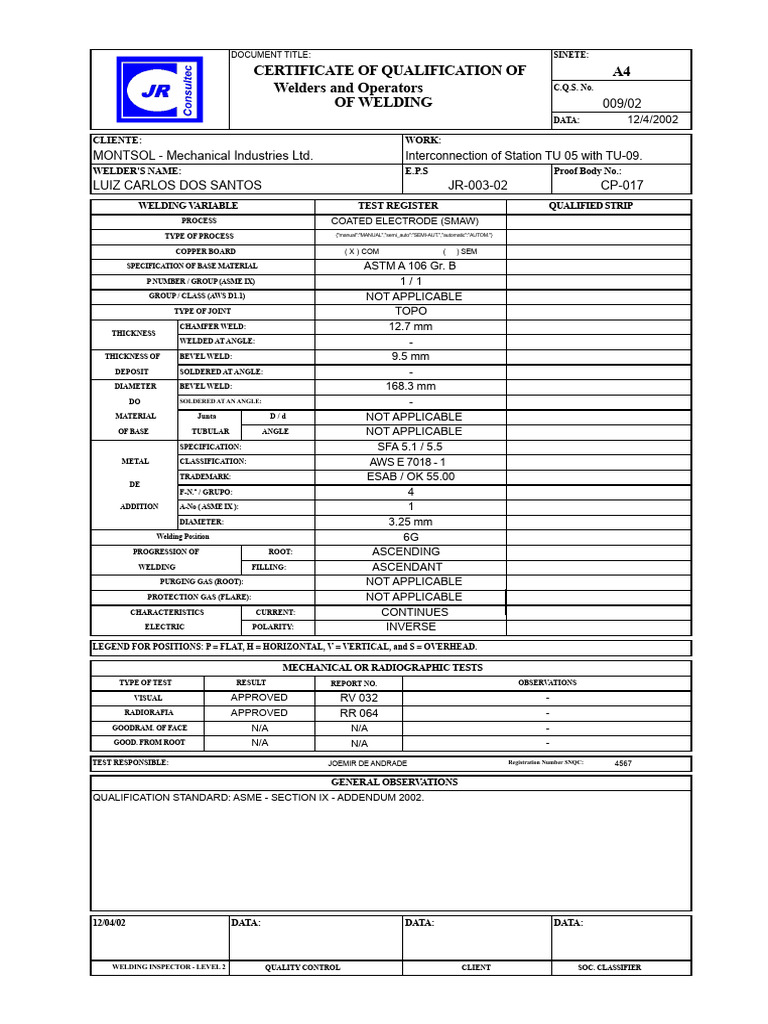 Welders and Operators Qualification Certificate A4 | PDF | Welding ...