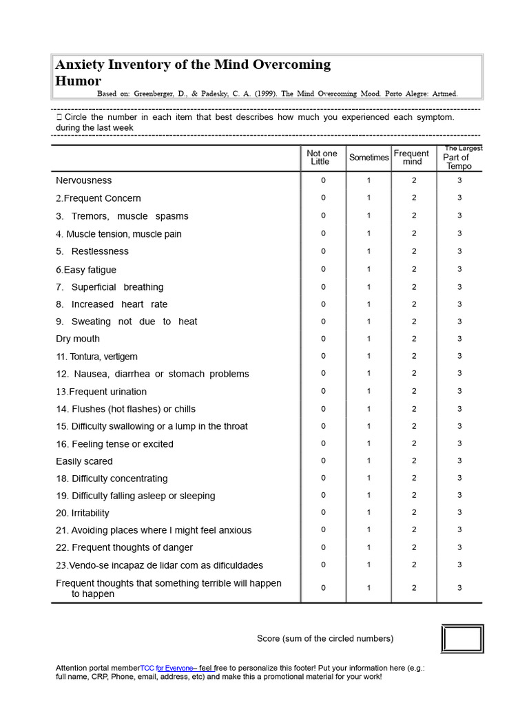 Anxiety Inventory of the Mind Overcoming Mood | PDF | Anxiety ...