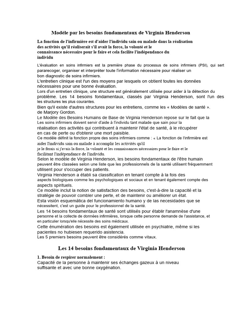 14 besoins fondamentaux de Henderson | PDF | Allaitement