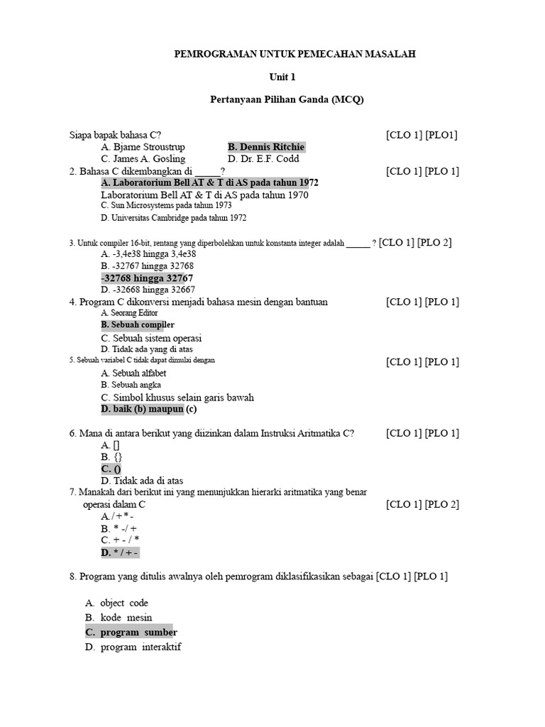 Kuis Pemrograman C: Soal Pilihan Ganda | PDF