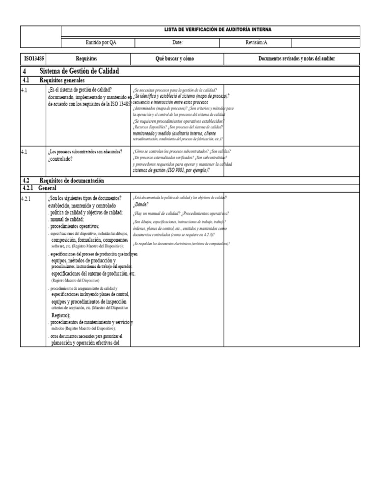Lista de Verificación de Auditoría Interna ISO 13485 | PDF | Sistema de ...