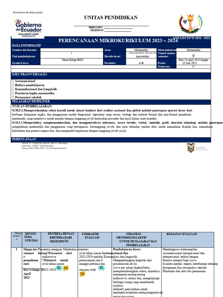 Perencanaan Mikro Kurikulum Matematika 2023 | PDF