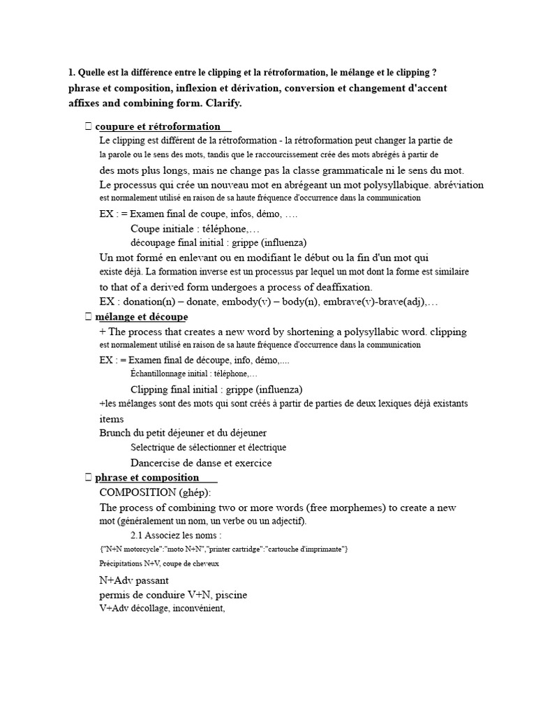 Phrase Et Composition, Inflexion Et Dérivation, Conversion Et ...