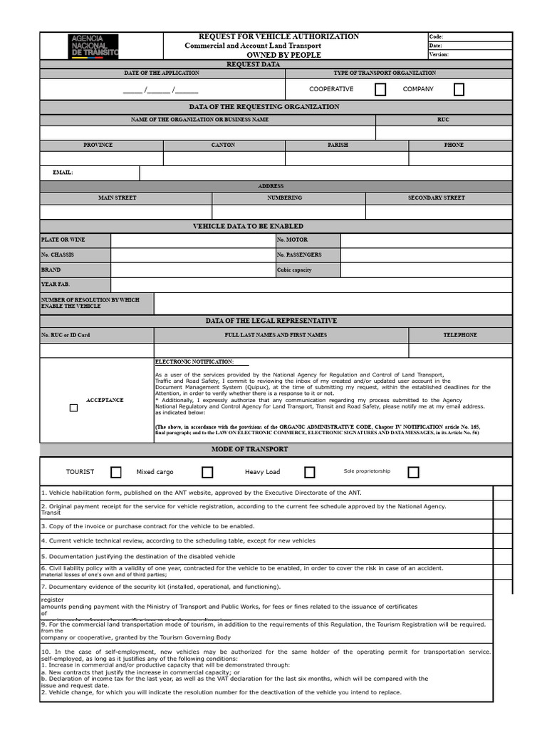 Vehicle Authorization Request Form | PDF | Identity Document | Transport