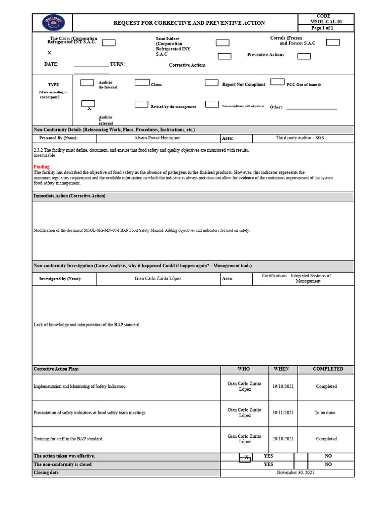 Request for Corrective Action | PDF | Safety | Risk Assessment