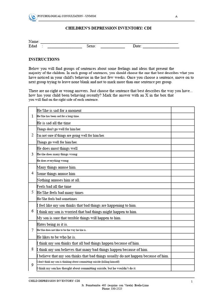 DEPRESSION INVENTORY FOR CHILDREN | PDF | Psychological Concepts ...