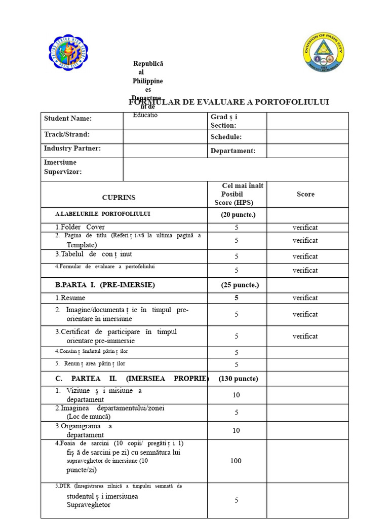 Model de Formular de Evaluare A Portofoliului | PDF