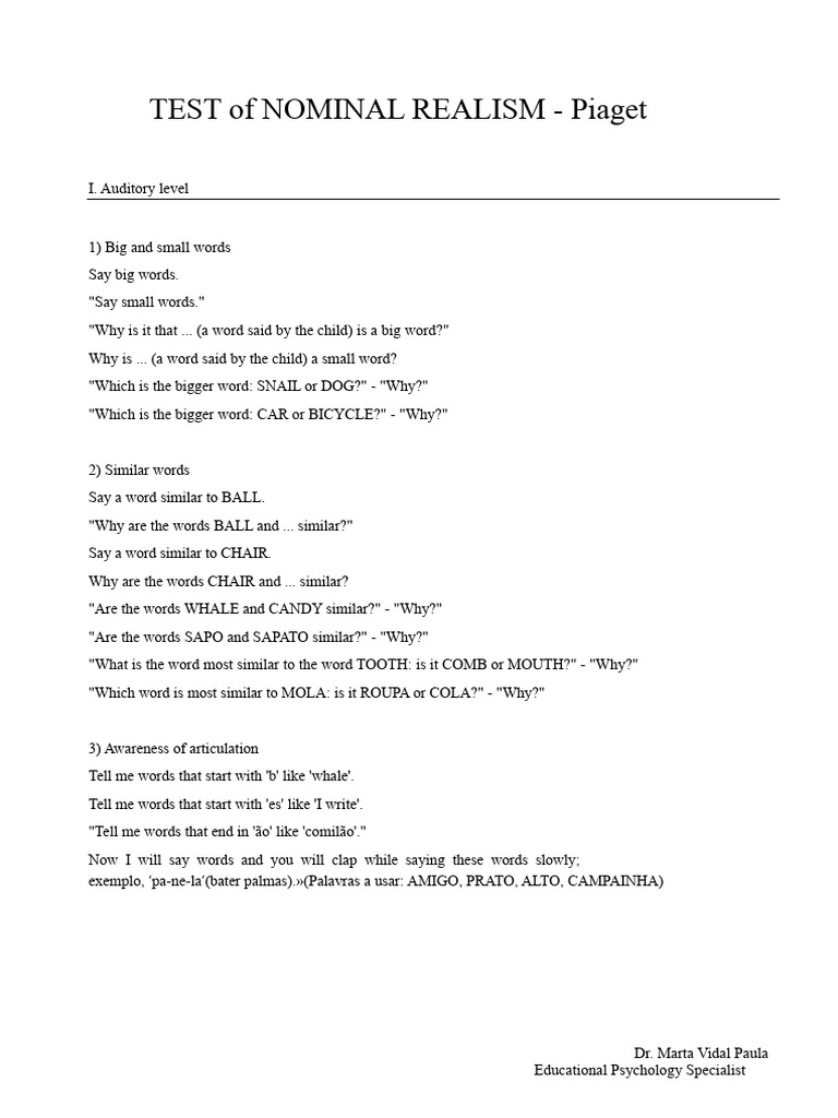 Nominal Realism Test for Children | PDF | Linguistics | Human Communication