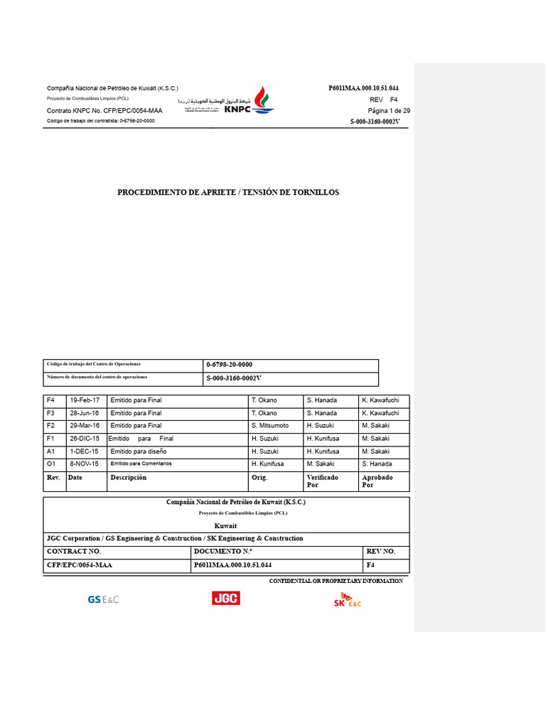 Procedimiento de Apriete de Tornillos KNPC | PDF | Tornillo | Materiales