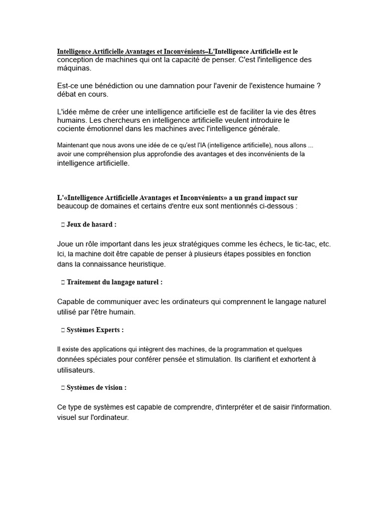 Avantages et Inconvénients de l'IA | PDF | Intelligence artificielle ...