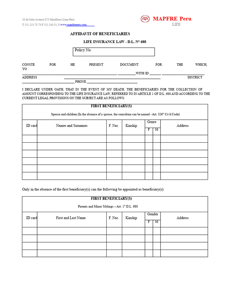 Sworn Statement of Beneficiaries Life Insurance Law | PDF | Affidavit ...