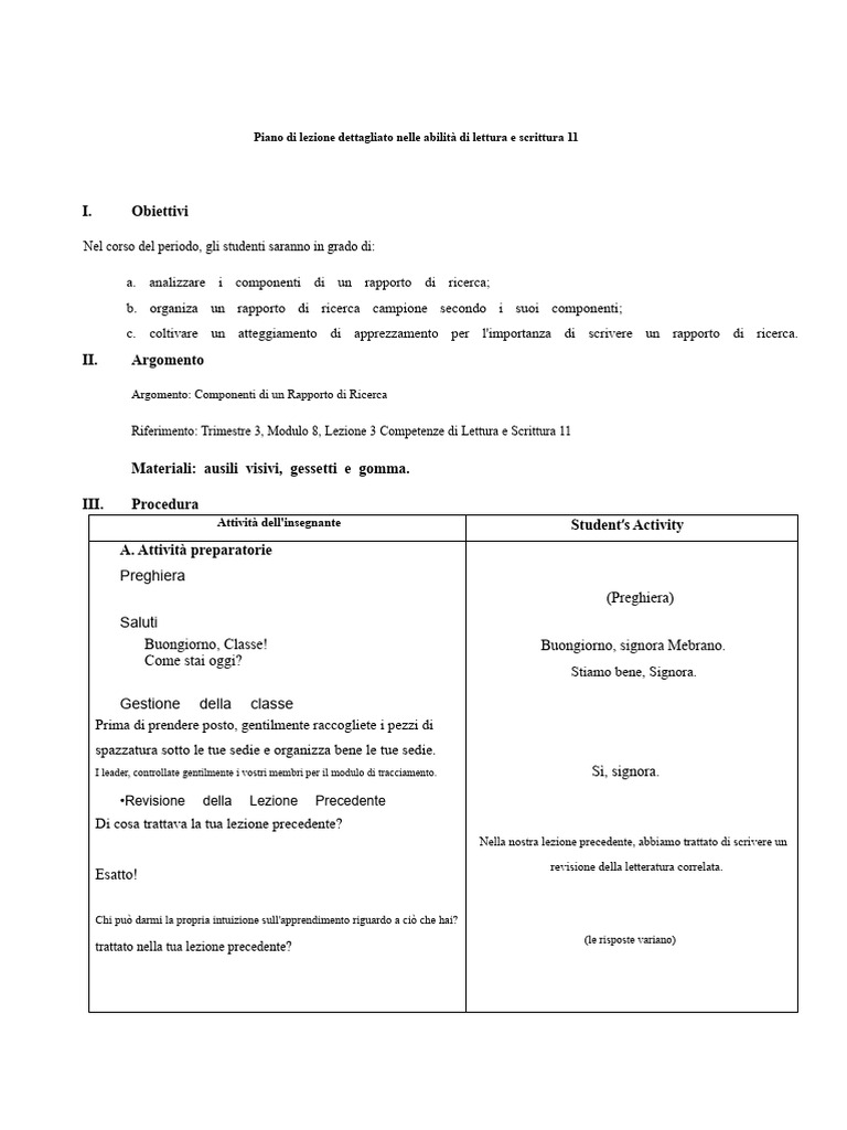 RAPPORTO DI RICERCA-Piano Di Lezione Dettagliato Nelle Competenze Di ...