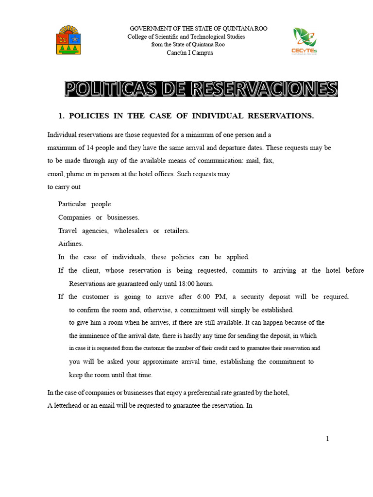 Quintana Roo Hotel Reservation Policies | PDF | Business