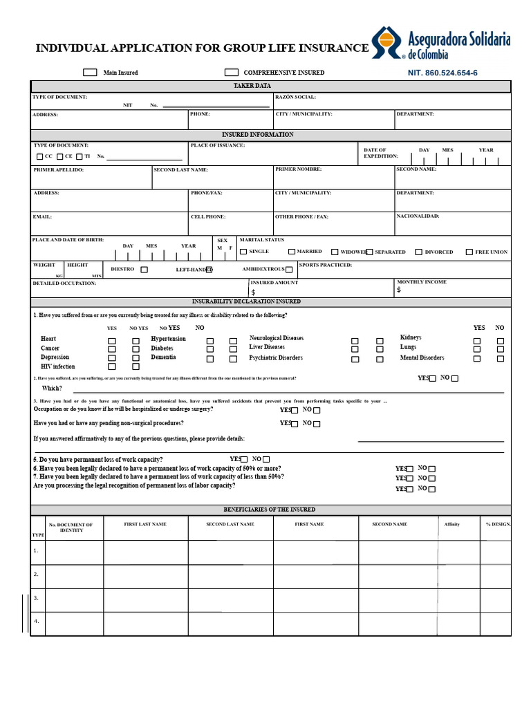 Group Life Insurance Application Form | PDF | Insurance | Life Insurance