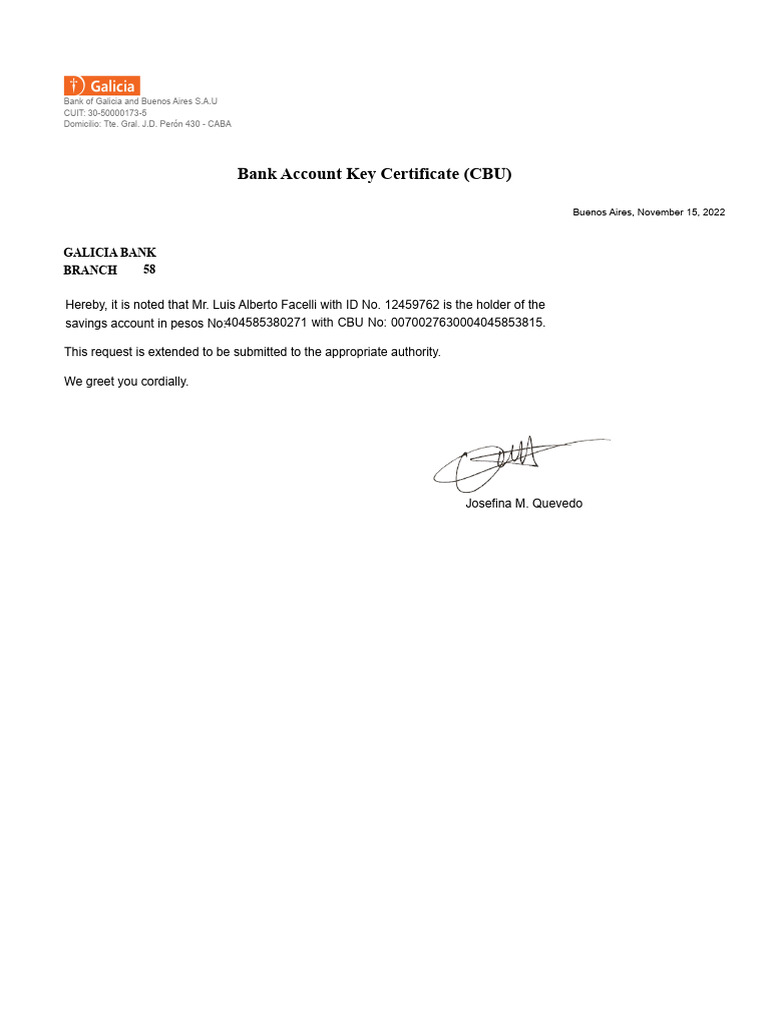 Bank Account Certificate for Luis Facelli | PDF