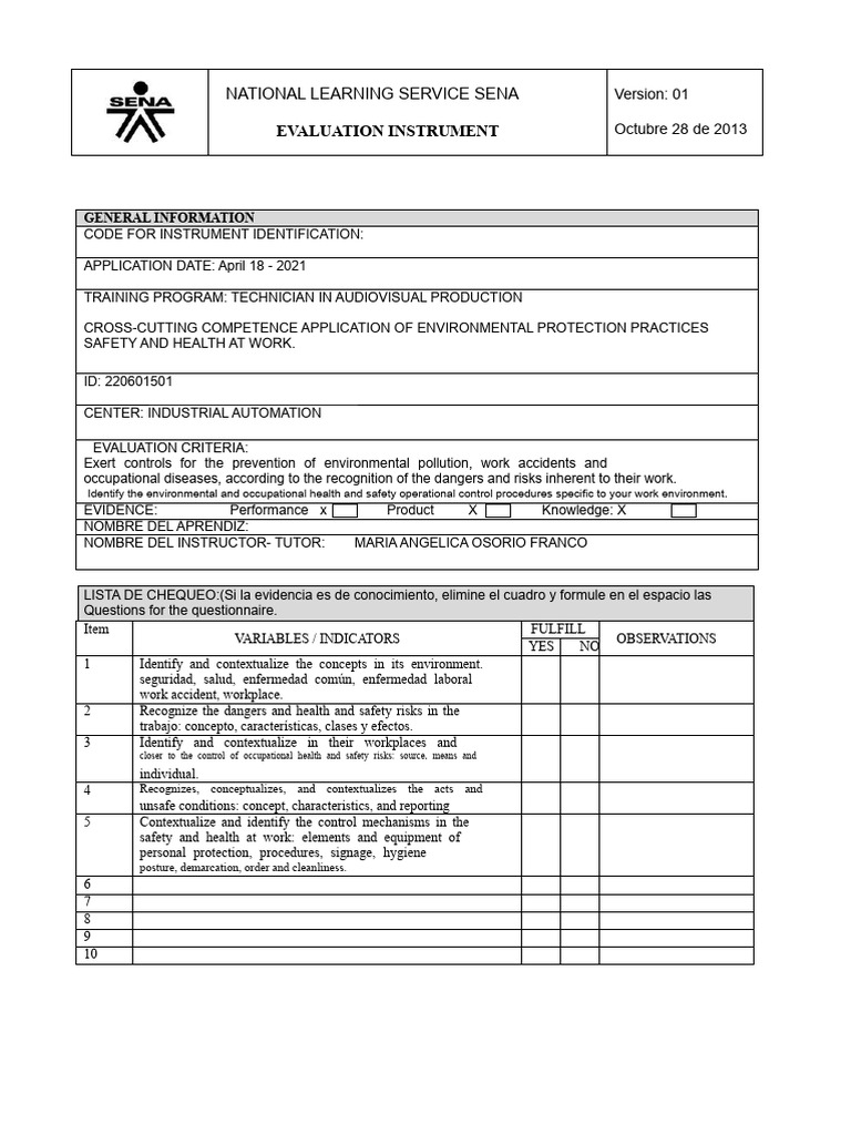 Transversal Evaluation Instrument For Audiovisual Occupational Health ...