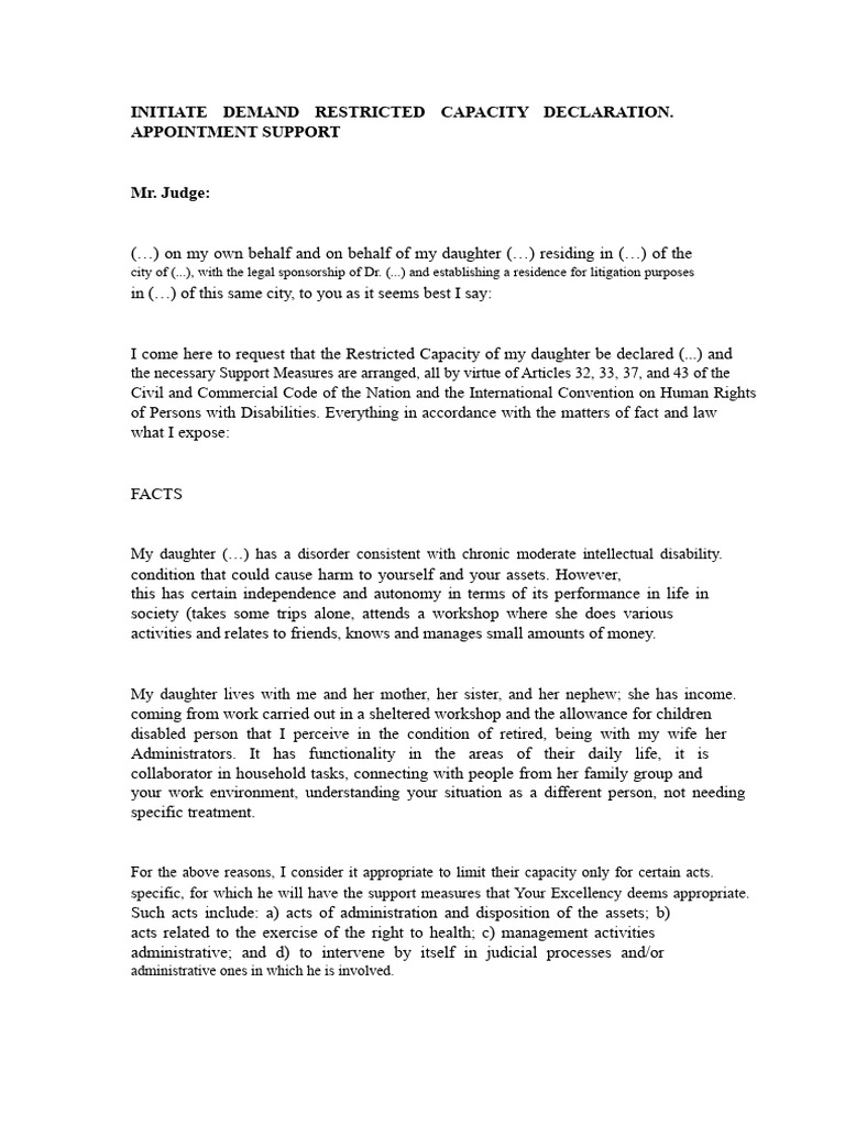 Initiate Lawsuit Declaration of Restricted Capacity | PDF | Disability ...